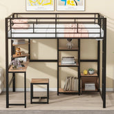 Bellemave® Full Size Metal Loft Bed with Desk and Stool,Open - Style Wardrobe, Shelves and Cabinet - Bellemave